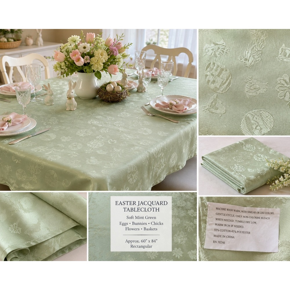 Easter Jacquard Tablecloth Mint Green Bunny Egg Chick Floral 60x84 Rectangular